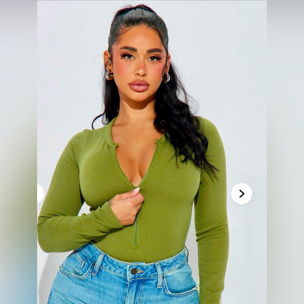 NEW TAGS Fashion Nova Serena Zipper Seamless Cheeky Bodysuit Olive Green SMALL/S